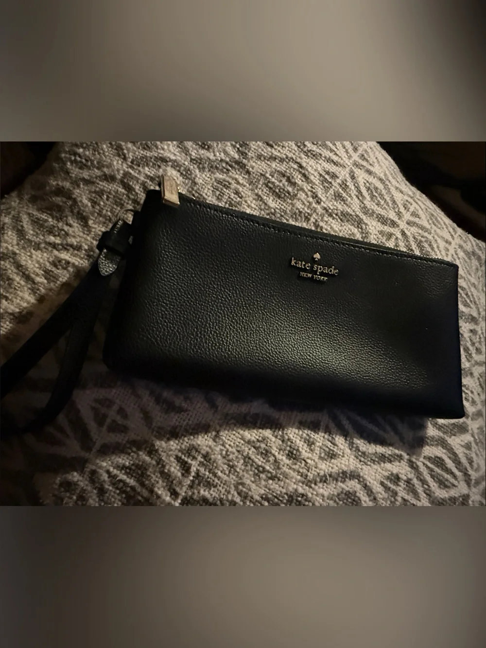 kate spade Black Pebbled Leather Wristlet with Gold Logo